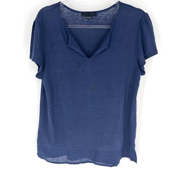 Sanctuary Short Sleeve Linen Blouse with Rayon Hem Navy Size L - Picture 1 of 6